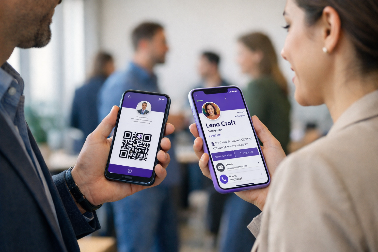 Sharing a digital business card using a QR code at an event